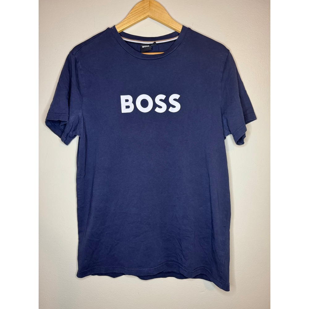 Hugo Boss Mens Logo T-Shirt Navy Blue Organic Cotton Regular Fit Size M
